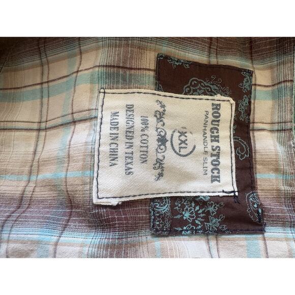 Panhandle Slim Rough Stock Shirt Men XXL Brown Blue Plaid Pearl Snap Embroiderd - Picture 2 of 5